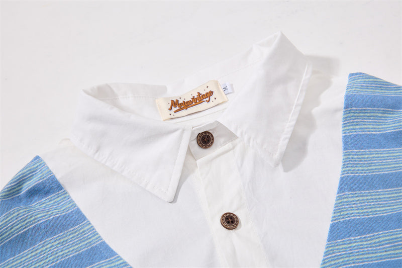 Striped Faux Two-Piece Polo Collar Long Sleeve T-Shirt