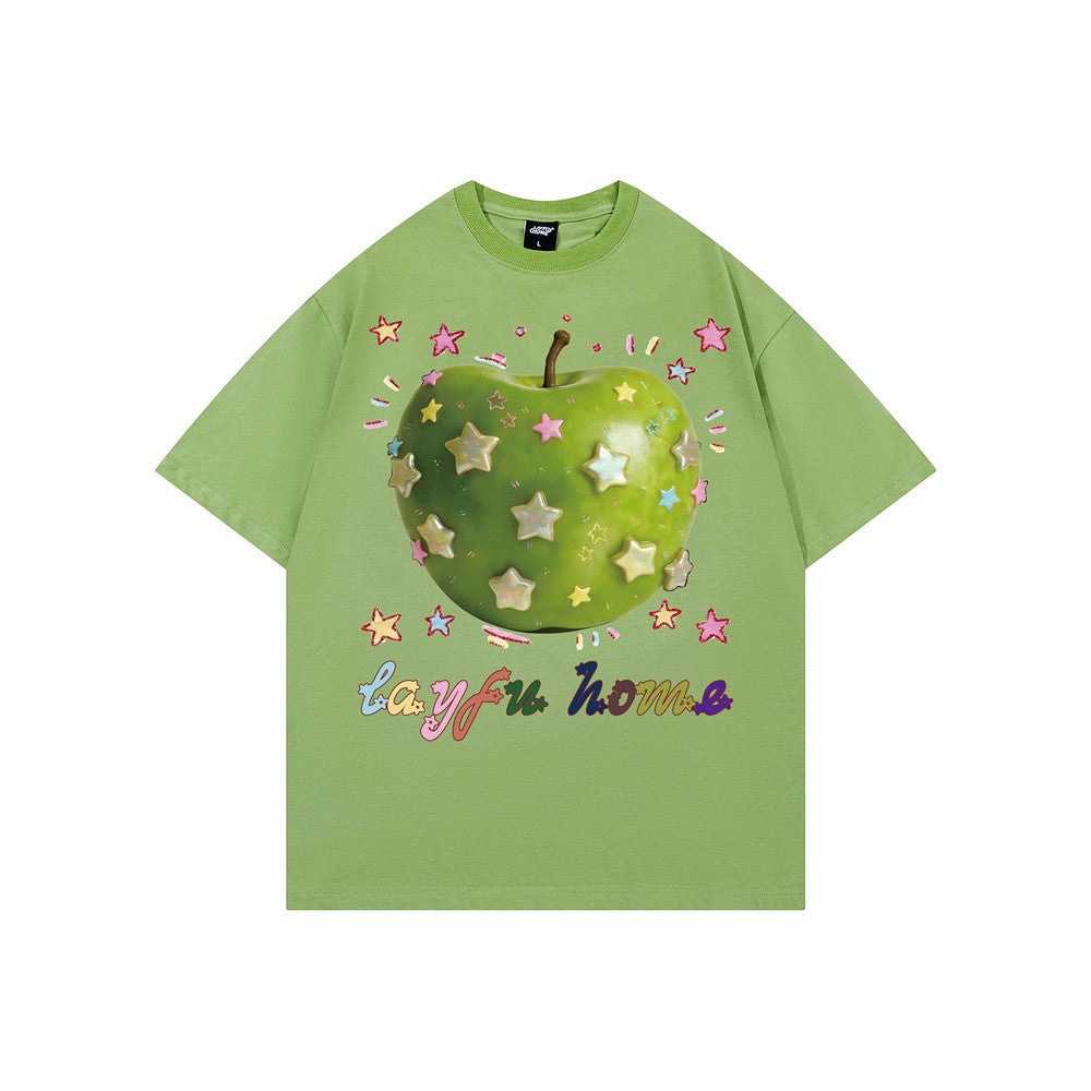 Camiseta de cuello redondo para mujer con gráfico 3D de estrella y manzana, manga corta