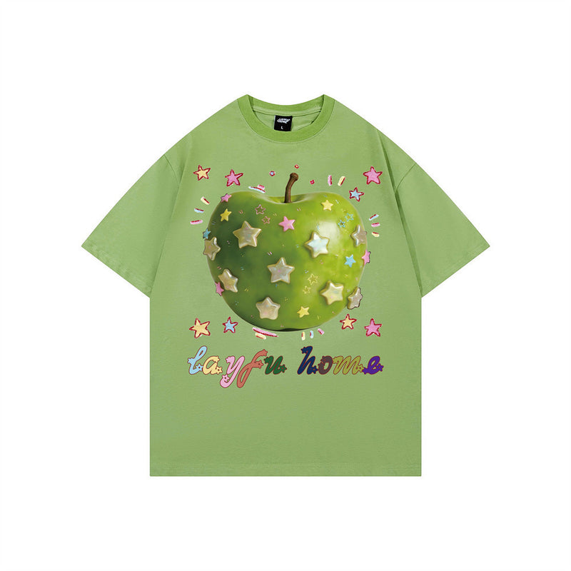 Camiseta de cuello redondo para mujer con gráfico 3D de estrella y manzana, manga corta