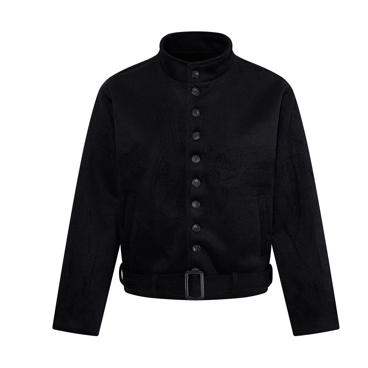 Kurze Jacke aus schwarzem Wollmix mit Stehkragen und Knopfleiste sowie verstellbarem Schnallengürtel am Saum, Vorder- und Rückansicht
