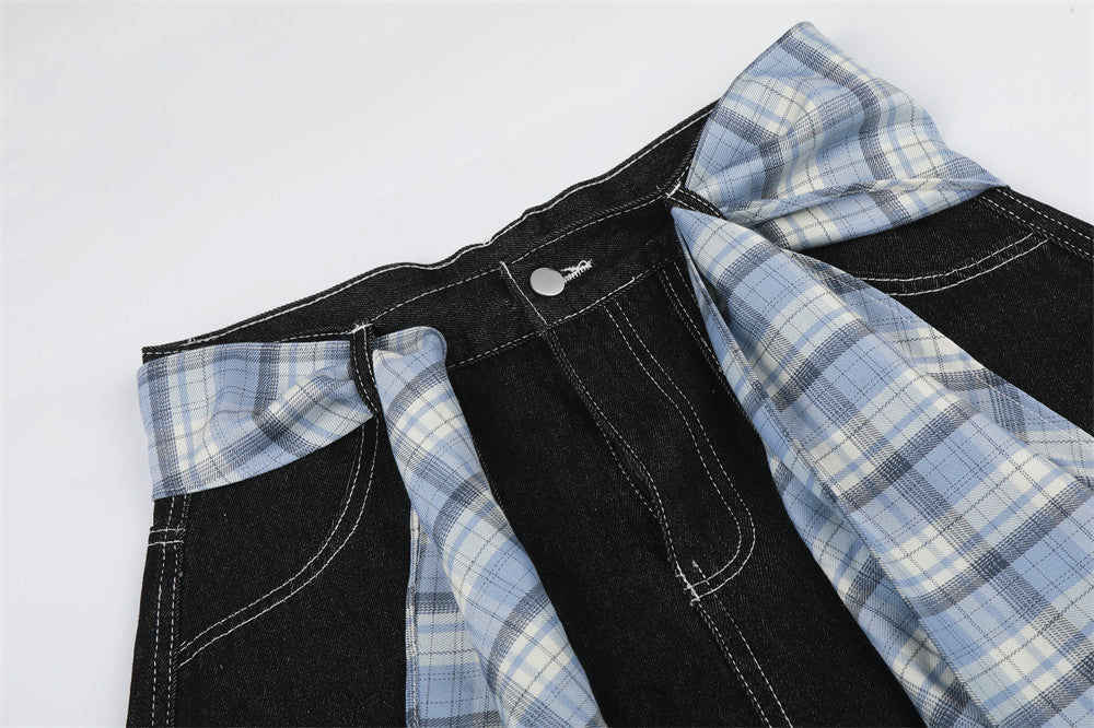 Wide Leg Black Jeans with Detachable Plaid Sash Belt