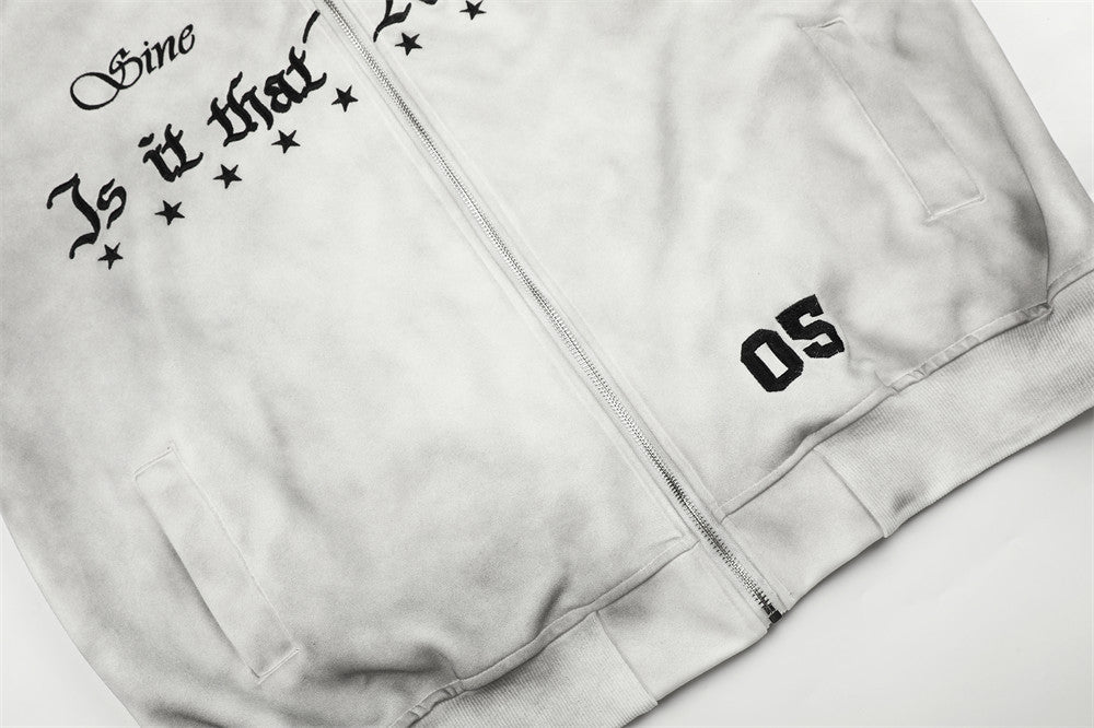 Distressed Tie-Dye Zip-Up Hoodie with Stripe Sleeves & Gothic Letter Graphic