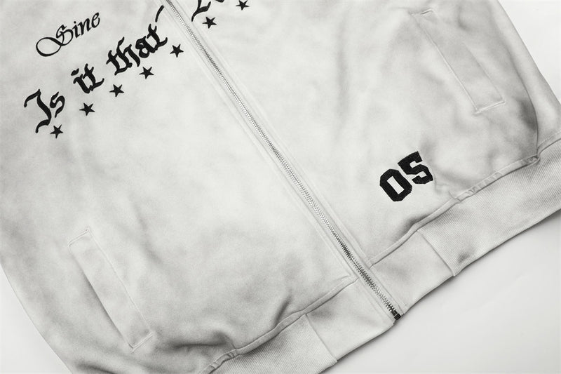 Distressed Tie-Dye Zip-Up Hoodie with Stripe Sleeves & Gothic Letter Graphic