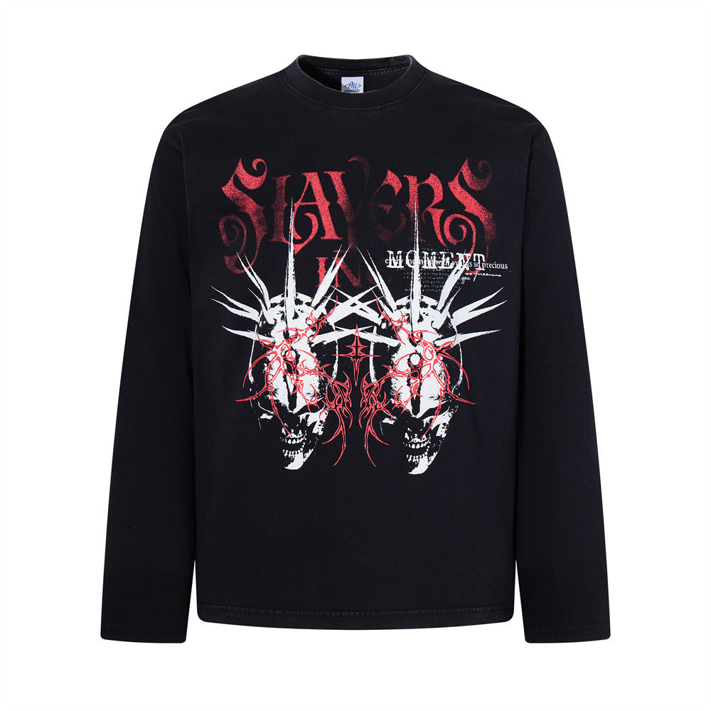 Herren-Langarmshirt mit dunkler Graphic – Skull- und Tribal-Print aus gewaschener Baumwolle