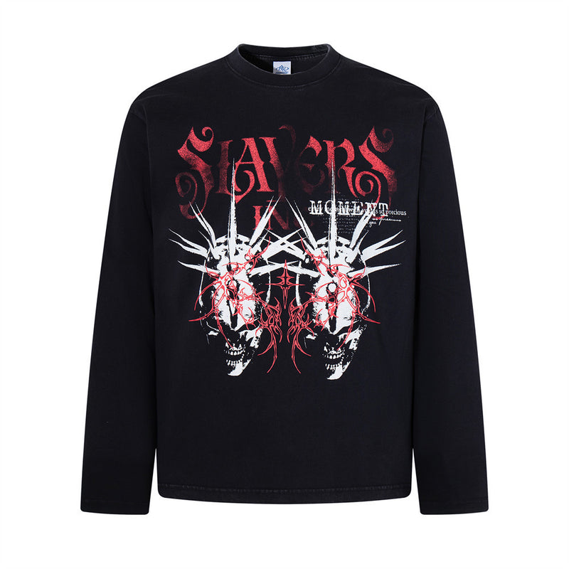 Herren-Langarmshirt mit dunkler Graphic – Skull- und Tribal-Print aus gewaschener Baumwolle