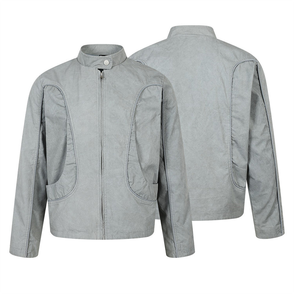 Stand Collar Zip Jacket – Oversized Corduroy with Curved Seam Detail & Large