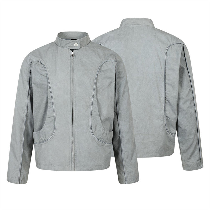 Stand Collar Zip Jacket – Oversized Corduroy with Curved Seam Detail & Large