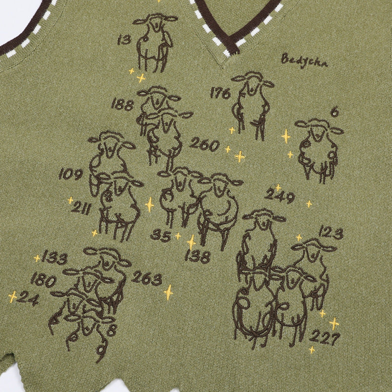 V-Neck Knit Sweater Vest with Sheep Jacquard Graphic — Retro College Style