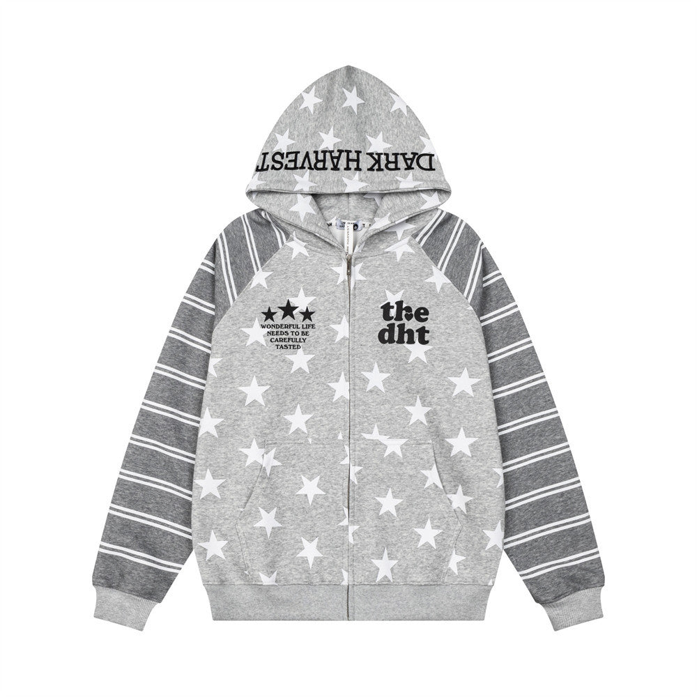 Star Print Zip-Up Hoodie with Striped Raglan Sleeves – Oversized Streetwear