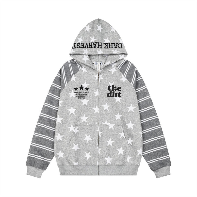 Star Print Zip-Up Hoodie with Striped Raglan Sleeves – Oversized Streetwear