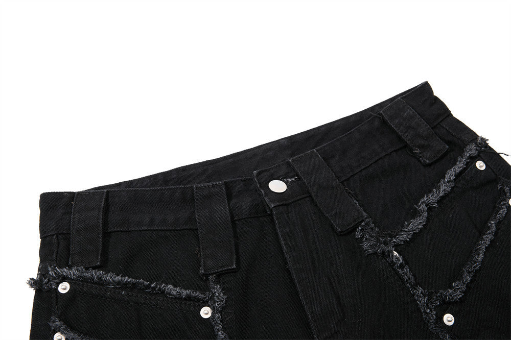 Black Wide-Leg Deconstructed Jeans – Zipper Detail & Raw-Edge Patchwork