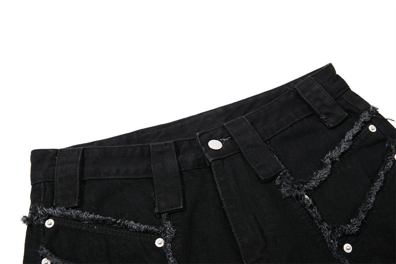 Black Wide-Leg Deconstructed Jeans – Zipper Detail & Raw-Edge Patchwork