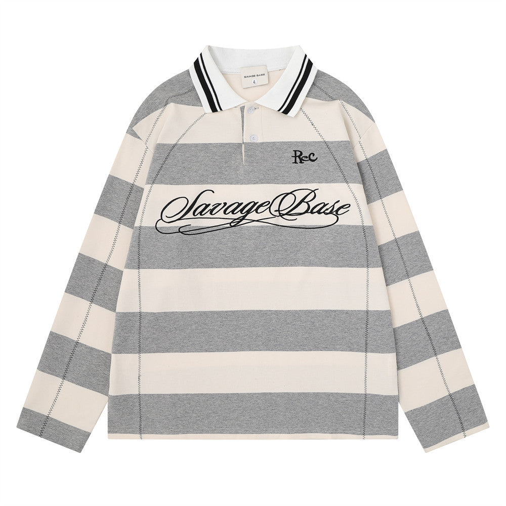 Men's Striped Long Sleeve Rugby Polo Shirt with Embroidered Logo