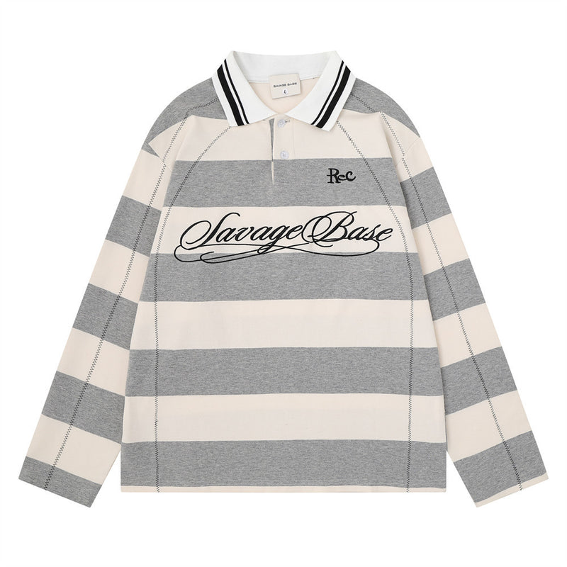 Men's Striped Long Sleeve Rugby Polo Shirt with Embroidered Logo