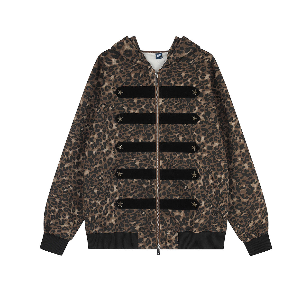 Oversized leopard print zip-up hoodie with velvet military star band detail on the front