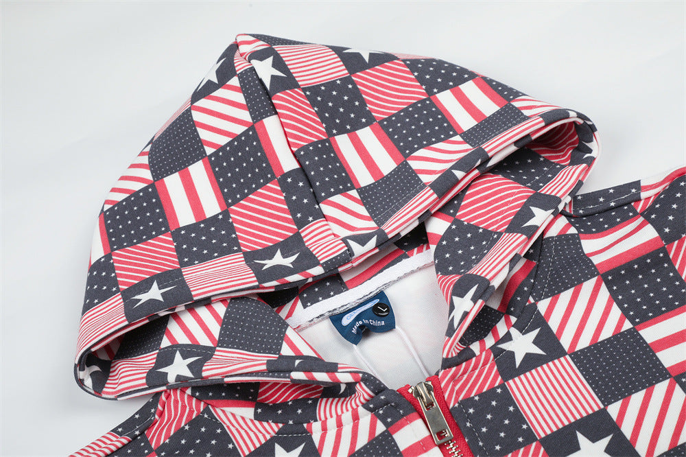 Checkerboard American Flag Print Zip-Up Hoodie Jacket – Oversized Stars &