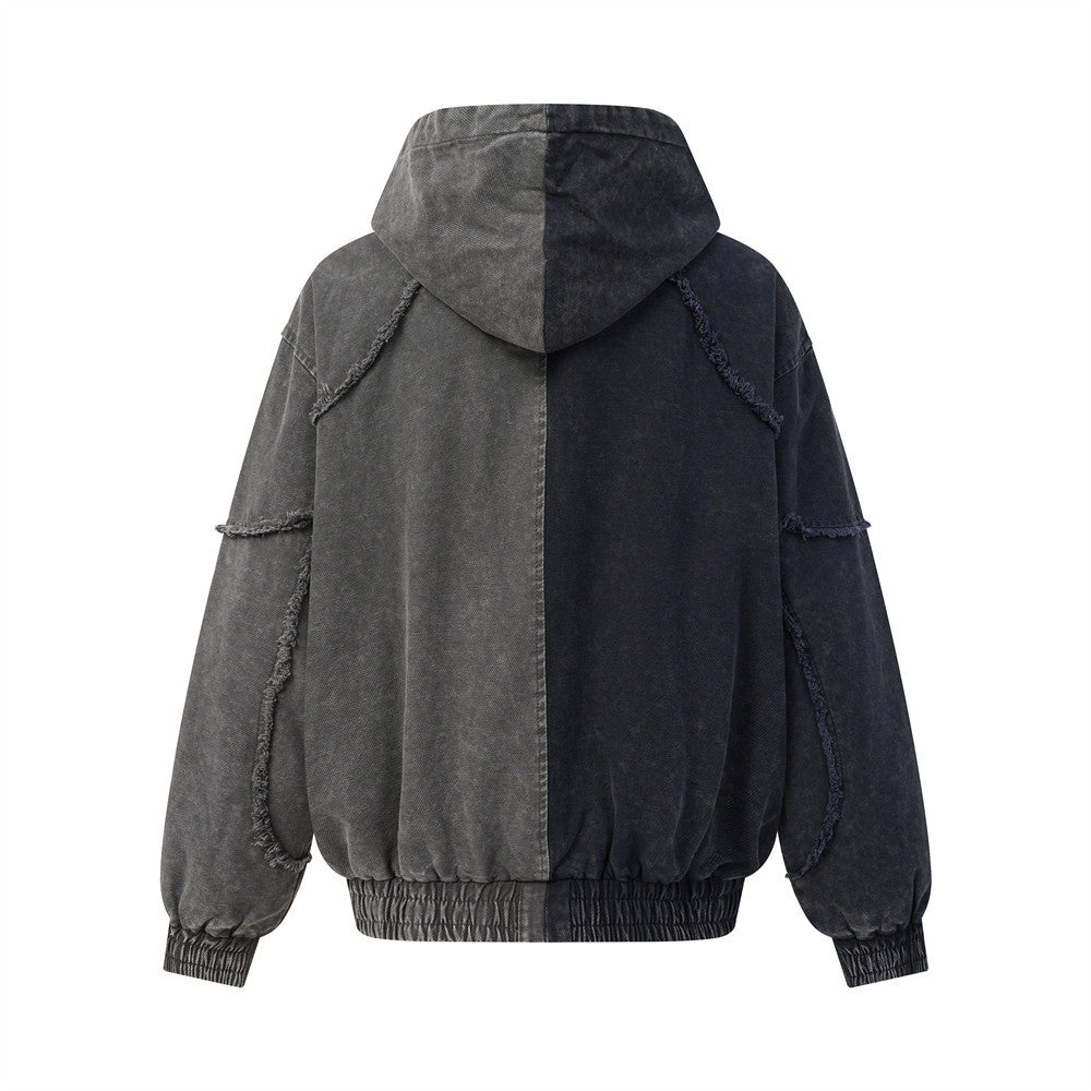 Veste à capuche zippée en patchwork délavé à l'acide – Bomber oversize bicolore à coutures effilochées