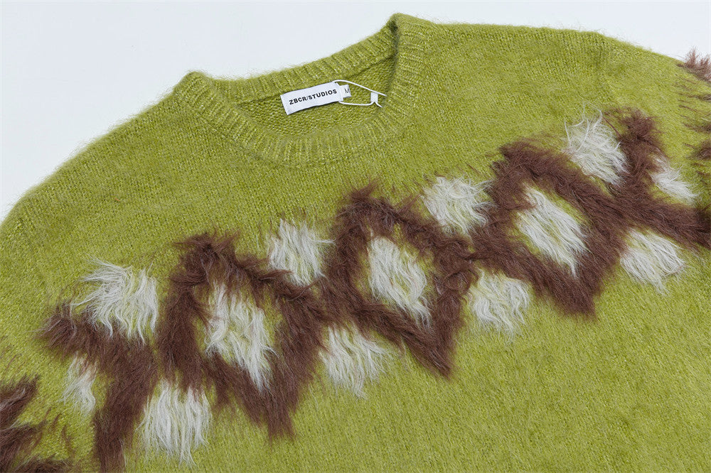 Diamond Jacquard Fringe Crewneck Sweater – Oversized Knit Pullover