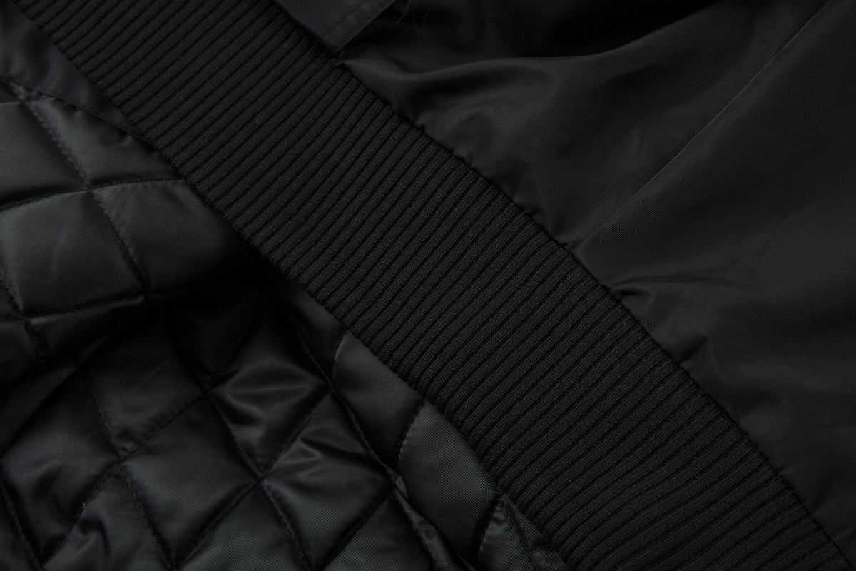Padded Bomber Jacket with Detachable Faux Fur Hood & Ruched Sleeves in Black