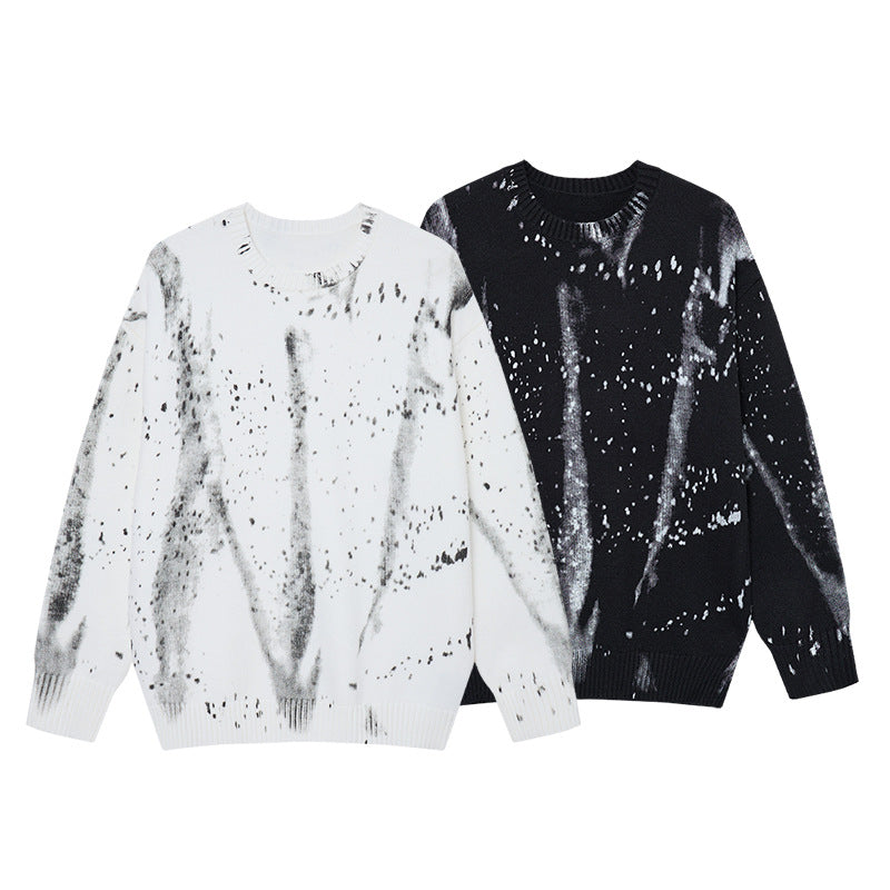 Ink-Wash-Strickpullover mit Farbspritzern und Rundhalsausschnitt – Oversized Streetwear