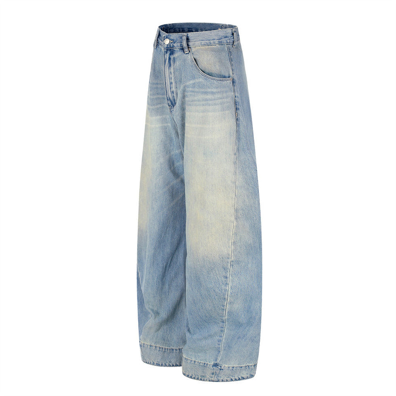 Barrel Leg Jeans Vintage Washed Wide-Leg Denim Pants with Pocket Detail