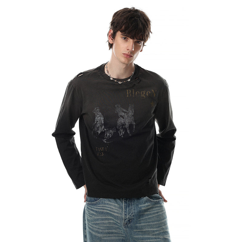 Model wearing black long sleeve T-shirt with horse print and distressed shoulder details