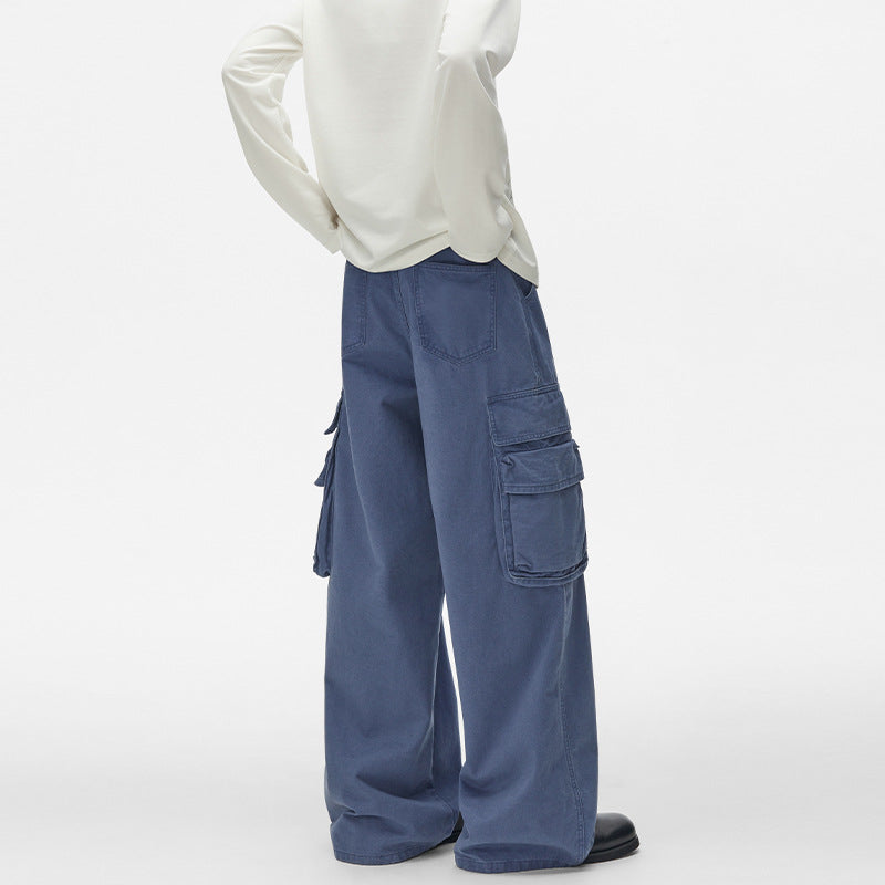 Pantalon cargo homme à jambes larges – Pantalon droit délavé à poches multiples
