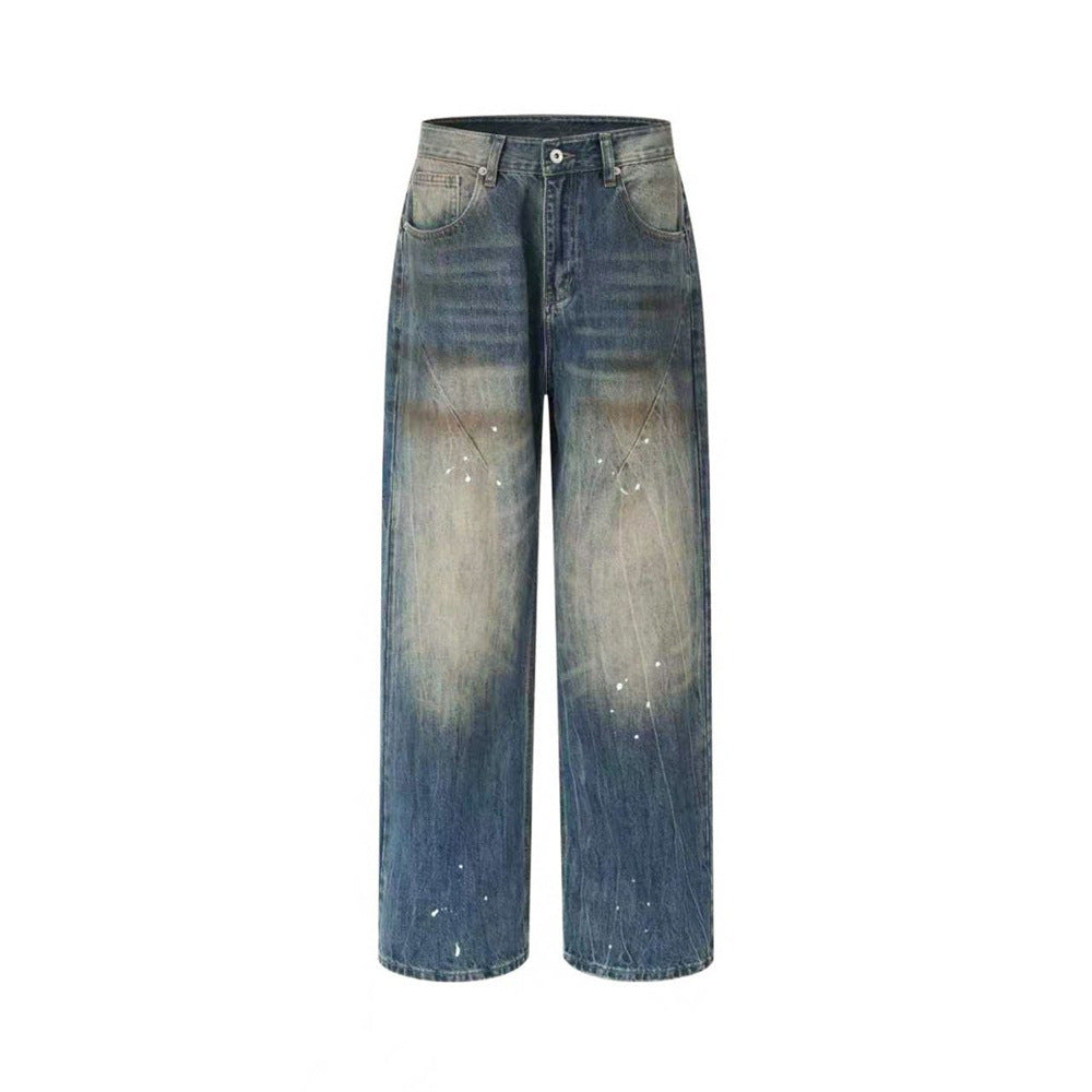 Baggy Jeans with Designs – Men's Vintage Distressed Wide-Leg Denim Pants