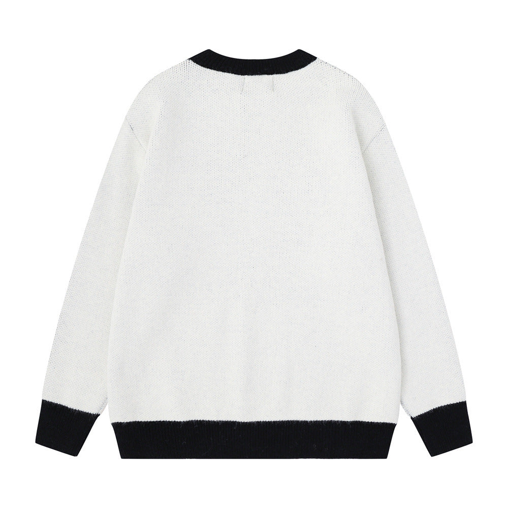 Men's Crew Neck Jacquard Knit Sweater – Pixelated Portrait Graphic, Contrast