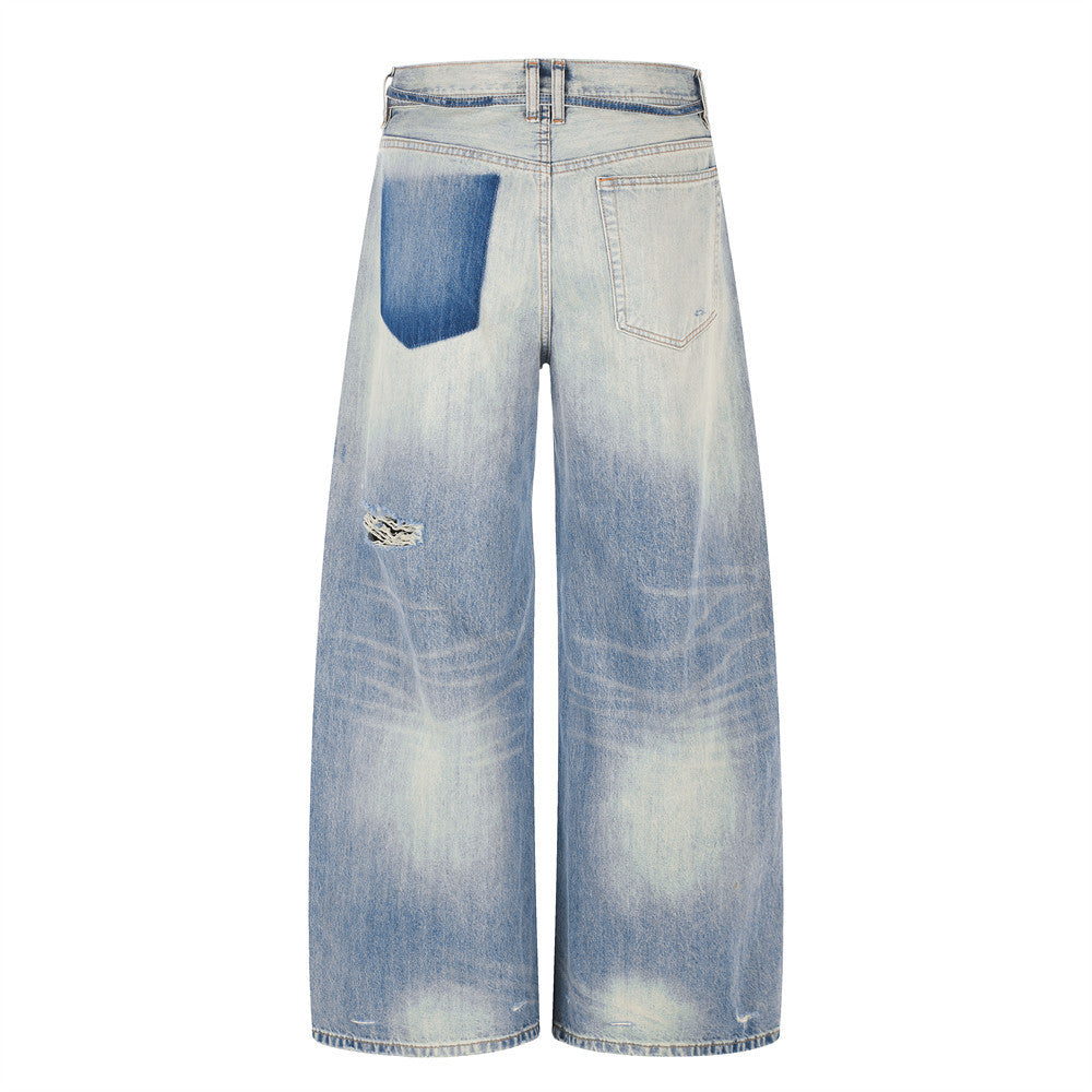 Wide-Leg Distressed Jeans – Gradient Washed Denim with Ripped Details