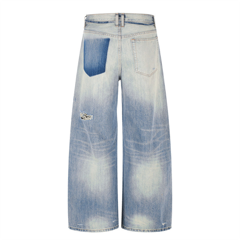 Wide-Leg Distressed Jeans – Gradient Washed Denim with Ripped Details