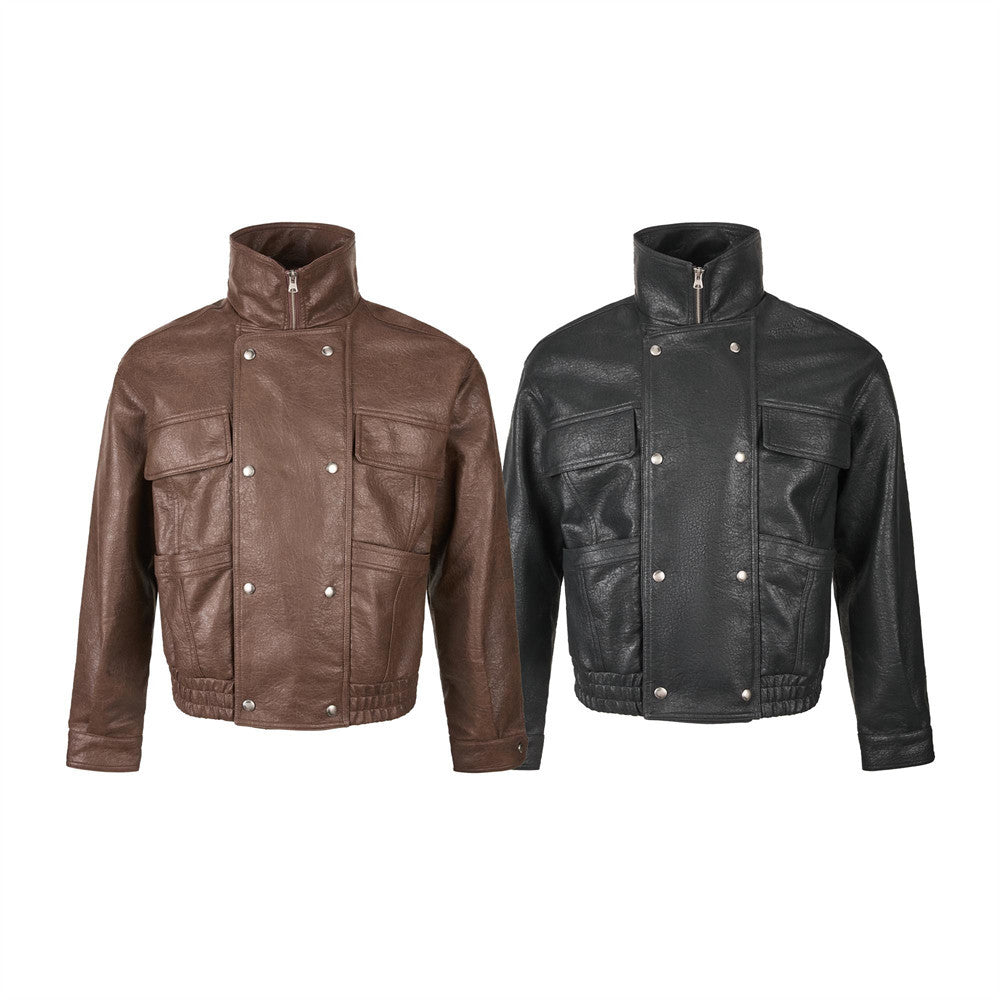 Men's Brown Leather Jacket PU Moto-Style High Collar Snap Button Bomber
