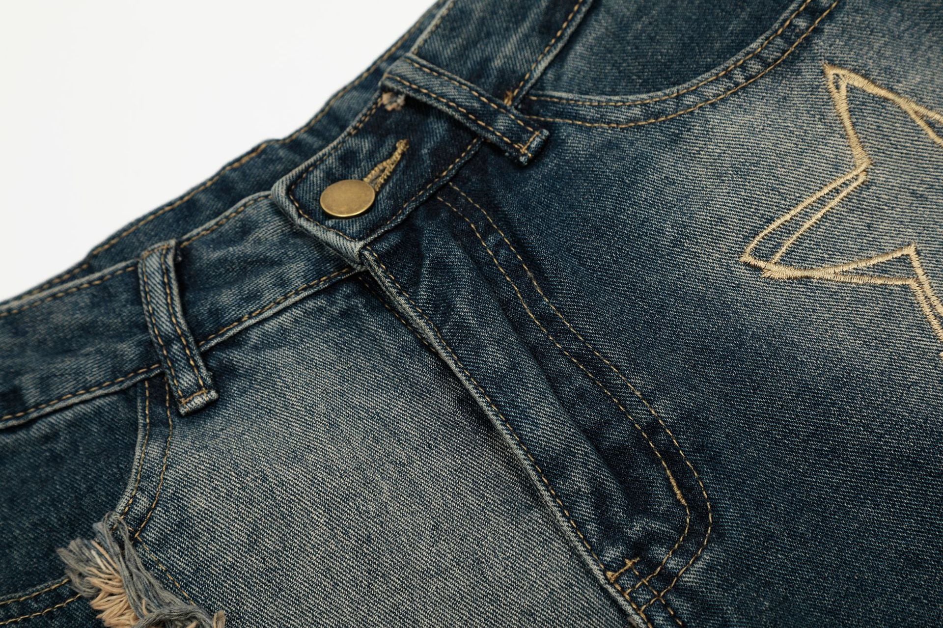 Baggy Jeans with Celestial Embroidery, Raw-Edge Seam & Wide Leg — Unisex Vintage