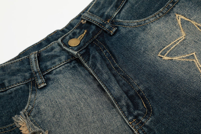 Baggy Jeans with Celestial Embroidery, Raw-Edge Seam & Wide Leg — Unisex Vintage