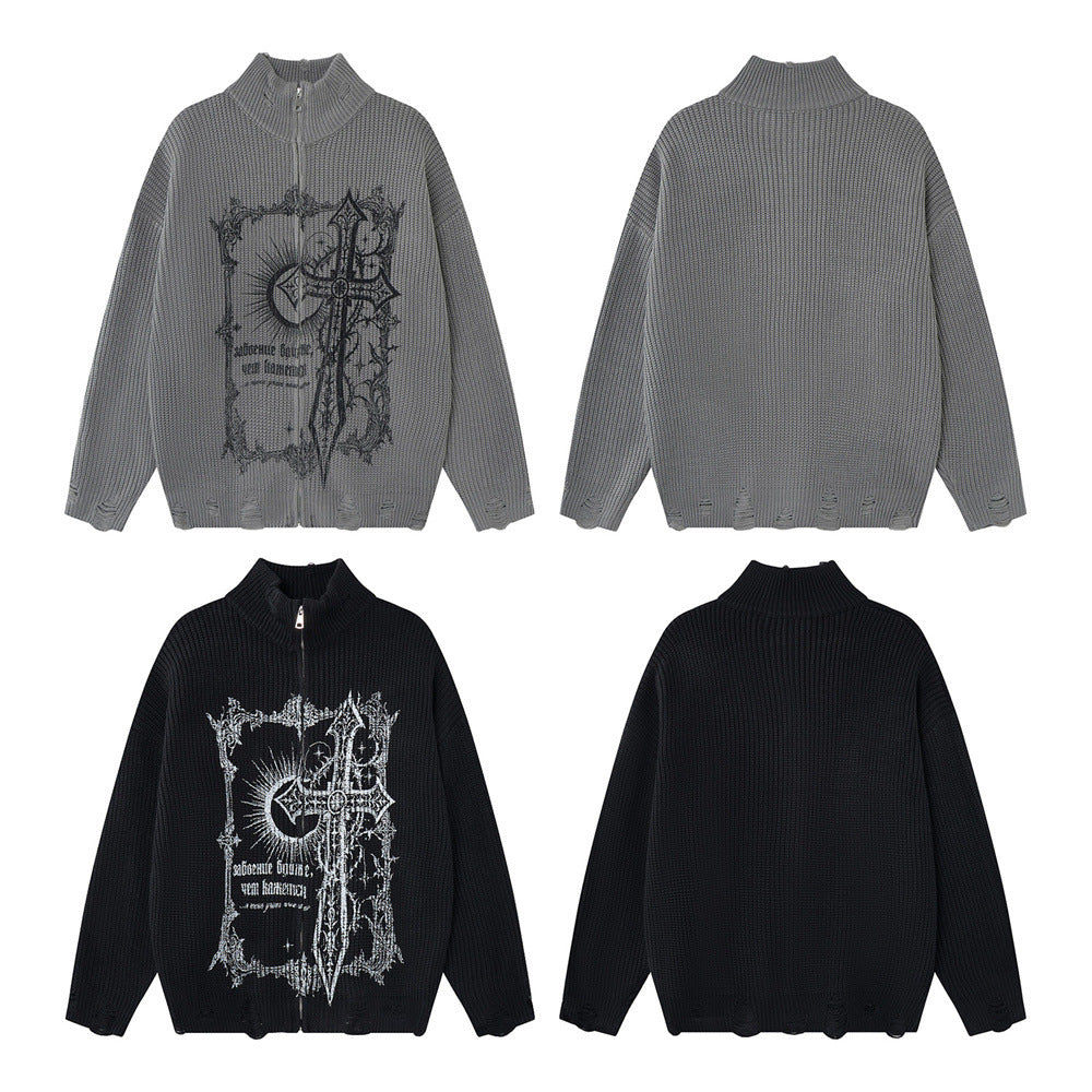 Gothic Cross Print Zip-Up Knit Cardigan Sweater – Distressed Mock Neck Men's