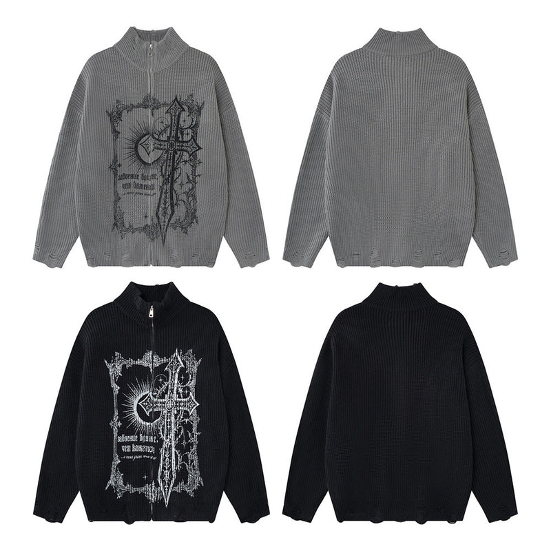 Gothic Cross Print Zip-Up Knit Cardigan Sweater – Distressed Mock Neck Men's