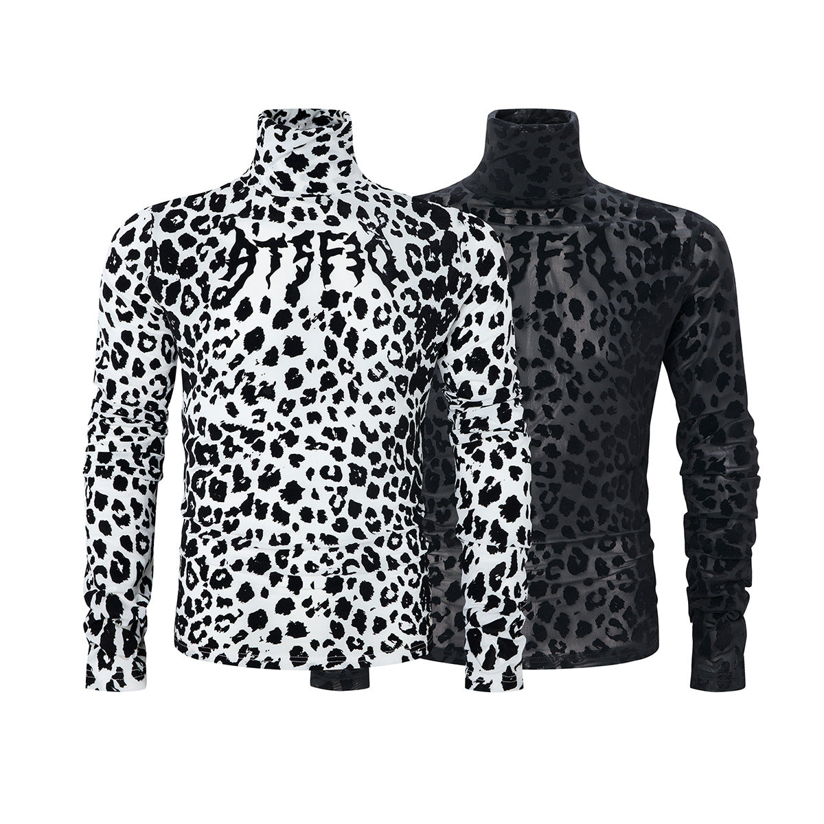 Leopard Print Turtleneck Long Sleeve Slim-Fit Shirt