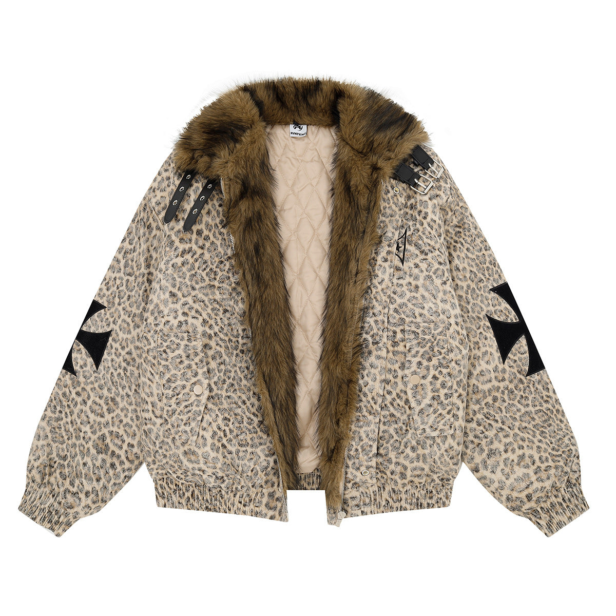 Leopard Print Fur Collar Bomber Jacket with Quilted Lining