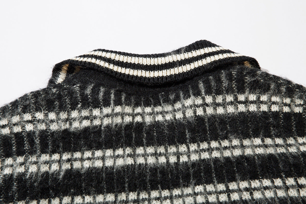 Striped Knit Sweater with Polo Collar – Oversized Fuzzy Texture