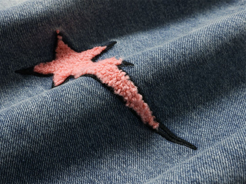 Wide-Leg Jeans with Embroidered Patches – Stars, Butterflies & Roses on Washed