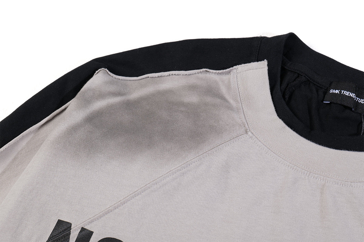 T-shirt graphique color-block à manches longues – Haut streetwear oversize bicolore délavé