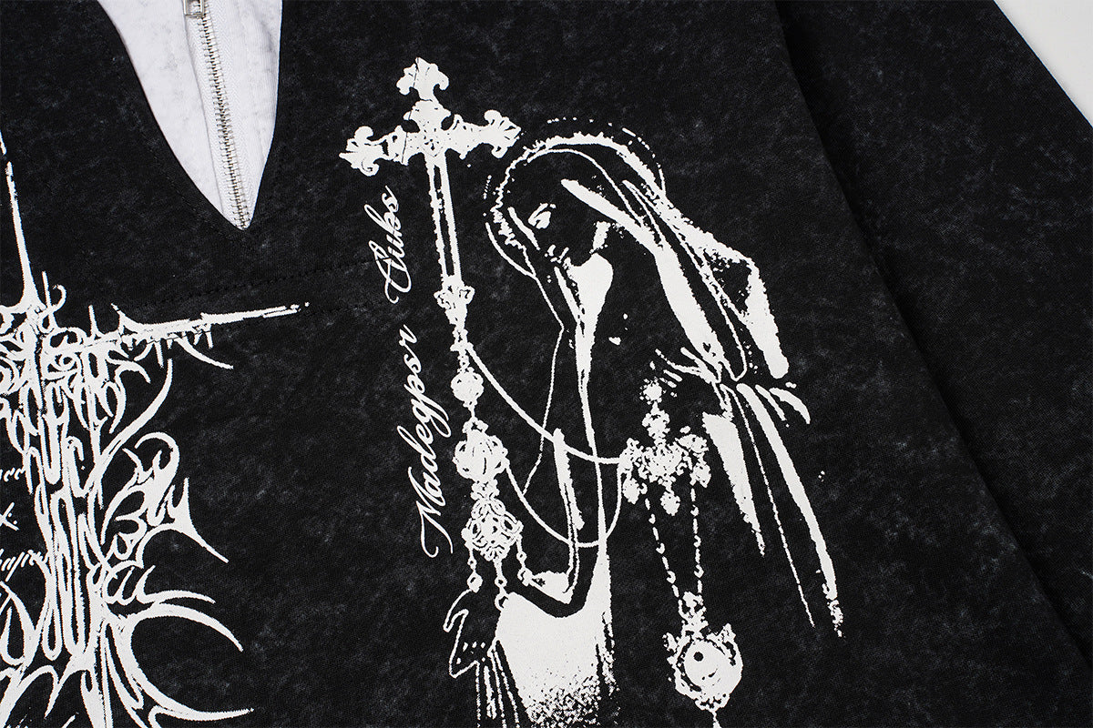 Gothic Graphic Long Sleeve Shirt – Oversized Religious Print, Zip Neckline