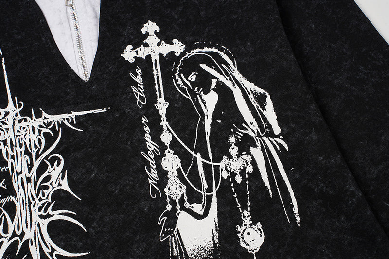 Gothic Graphic Long Sleeve Shirt – Oversized Religious Print, Zip Neckline