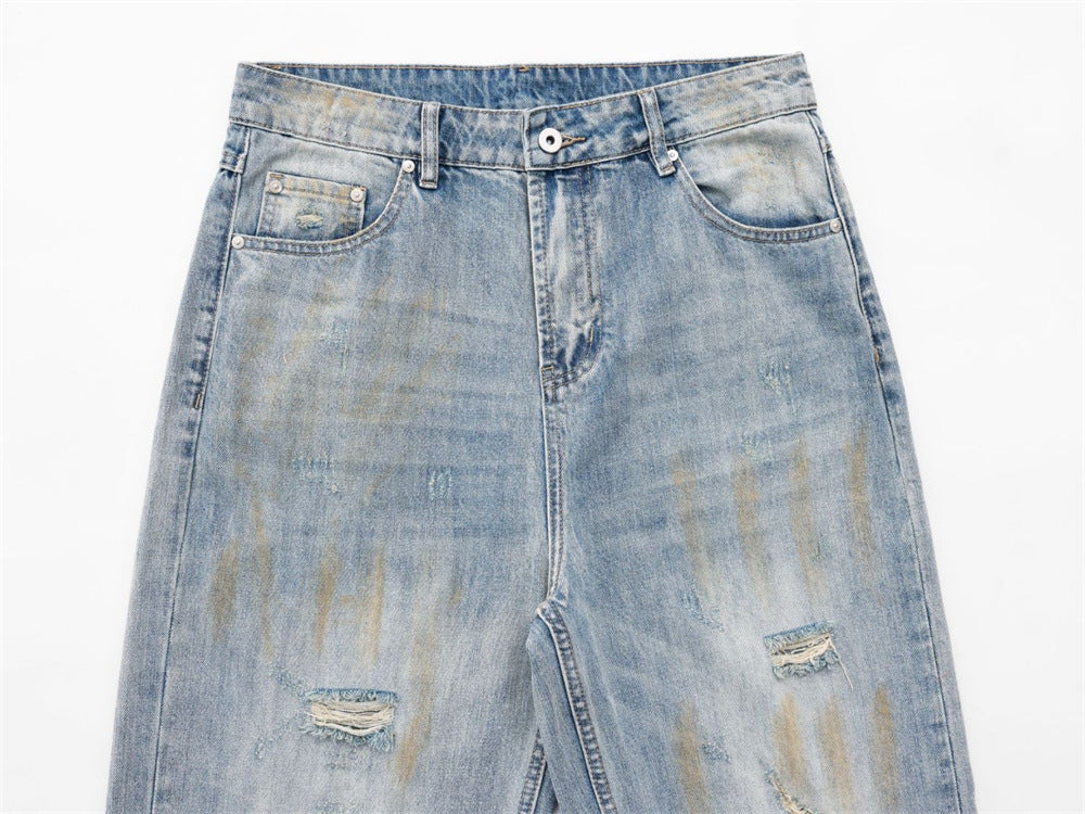 Ripped Wide-Leg Jeans – Men's Mud-Dye Distressed Straight Denim