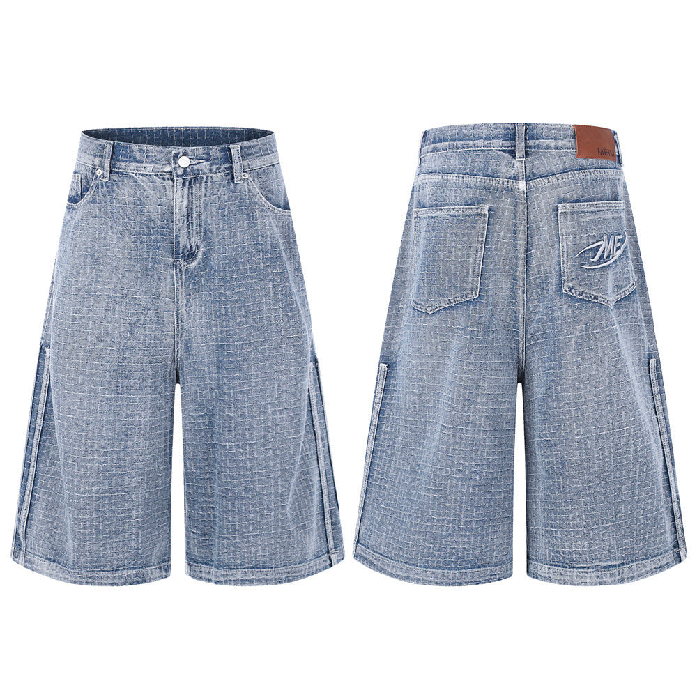Men's light blue wide-leg jacquard textured denim shorts with washed finish, front and back view