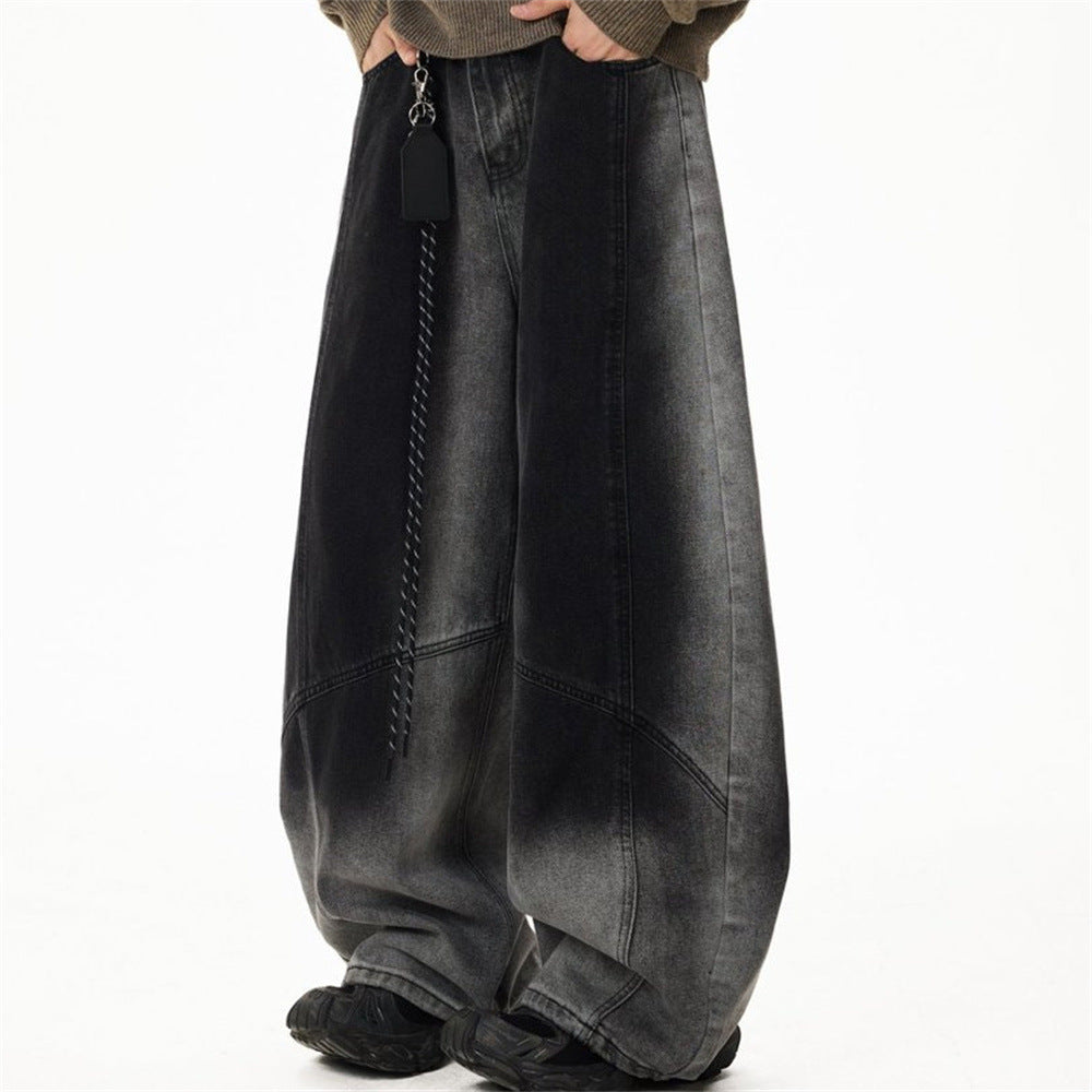 Wide-Leg Gradient Washed Jeans – Deconstructed Curved Seam Baggy Denim