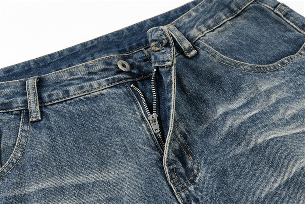 Men's Baggy Denim Shorts with Star Patch Detail, Washed Wide-Leg Five-Point Cut