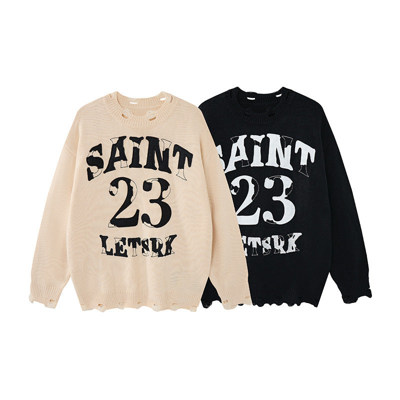Pull oversize à col rond en maille destroy Saint 23 – Sweat streetwear