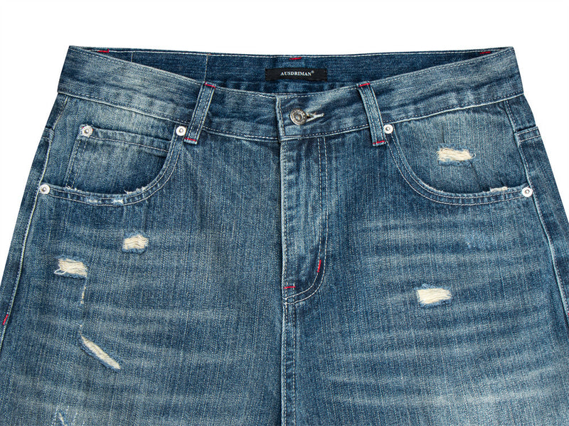 Wide-Leg Distressed Jeans – Men's Washed Blue Baggy Straight Denim