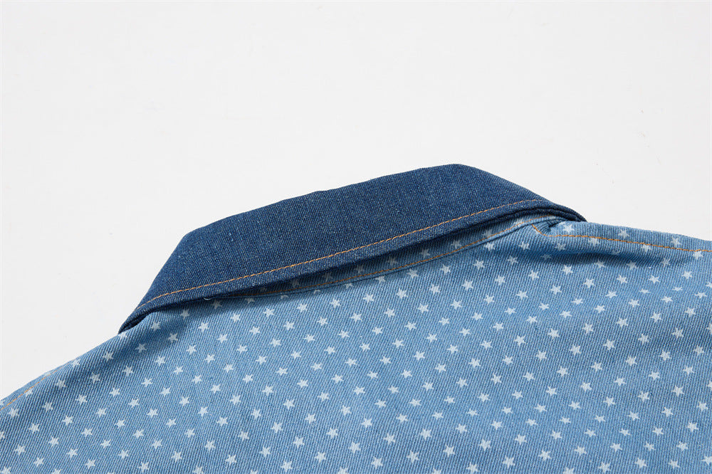 Short Sleeve Button-Up Shirt – All-Over Star Print with Varsity Graphic & Denim